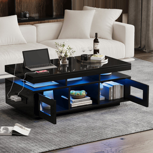 Mesa de centro retangular de painel de partículas com luz led,preto