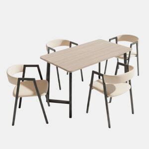 Conjunto de mesa de jantar fixa com 4 cadeiras, pacote de móveis para sala de estar, carvalho Bergam e bege.
