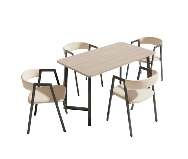 Conjunto mesa fija con 4 sillas comedor, pack muebles salón, bergam roble y beige