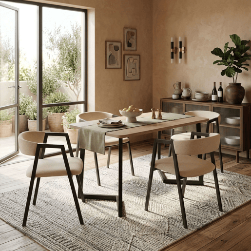 Conjunto de mesa de jantar fixa com 4 cadeiras, pacote de móveis para sala de estar, carvalho Bergam e bege.