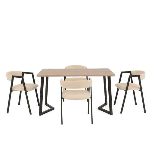 Conjunto de mesa de jantar fixa com 4 cadeiras, pacote de móveis para sala de estar, carvalho Bergam e bege.