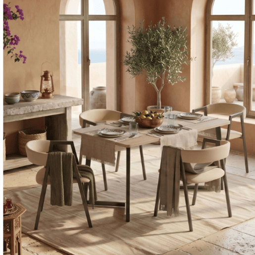 Conjunto de mesa de jantar fixa com 4 cadeiras, pacote de móveis para sala de estar, carvalho Bergam e bege.