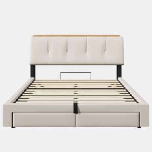 Cama estofada 140x200 cm - armazenamento hidráulico, LED, USB-C, multifuncional, linho - bege