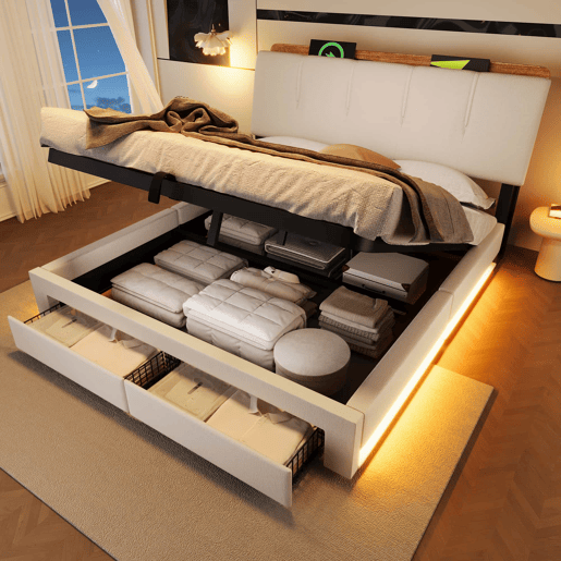 Cama estofada 140x200 cm - armazenamento hidráulico, LED, USB-C, multifuncional, linho - bege