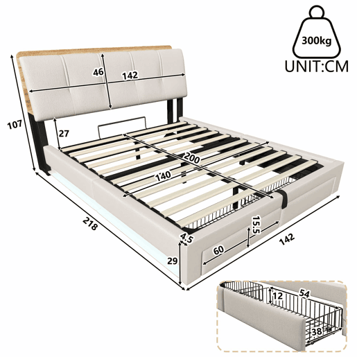 Cama estofada 140x200 cm - armazenamento hidráulico, LED, USB-C, multifuncional, linho - bege