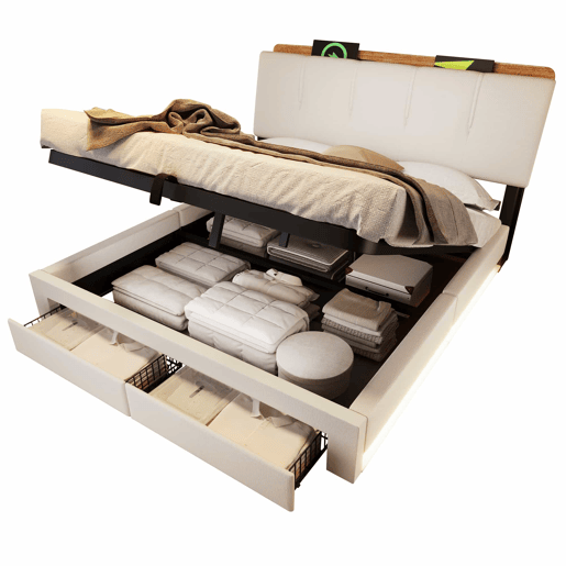 Cama estofada 140x200 cm - armazenamento hidráulico, LED, USB-C, multifuncional, linho - bege
