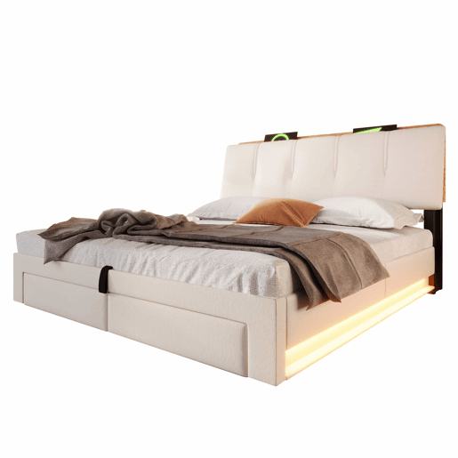 Cama estofada 140x200 cm - armazenamento hidráulico, LED, USB-C, multifuncional, linho - bege