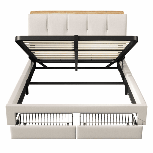 Cama estofada 140x200 cm - armazenamento hidráulico, LED, USB-C, multifuncional, linho - bege