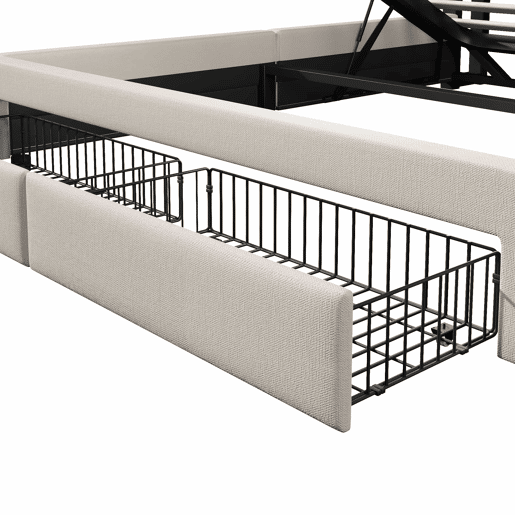 Cama estofada 140x200 cm - armazenamento hidráulico, LED, USB-C, multifuncional, linho - bege