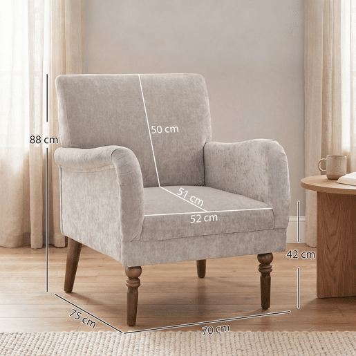 HOMCOM Poltrona Relax Sofá Individual Estofado em Linho Apoios de Braços Elegantes Pés de Madeira Maciça Acolchoamento Espesso para Sala Quarto e Escritório Cinzento