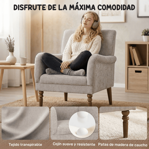 HOMCOM Poltrona Relax Sofá Individual Estofado em Linho Apoios de Braços Elegantes Pés de Madeira Maciça Acolchoamento Espesso para Sala Quarto e Escritório Cinzento