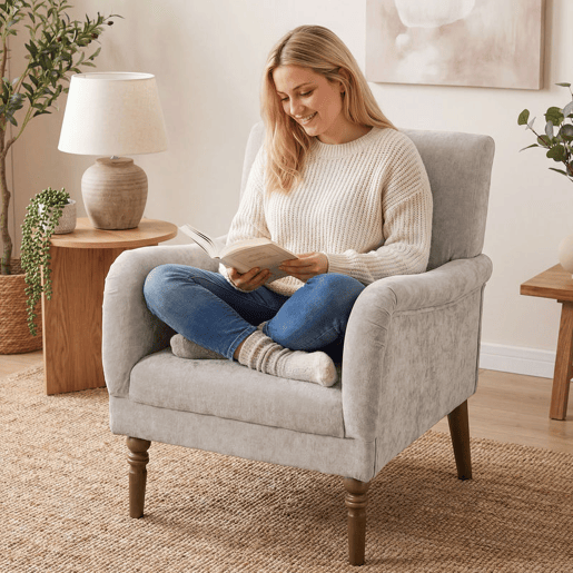 HOMCOM Poltrona Relax Sofá Individual Estofado em Linho Apoios de Braços Elegantes Pés de Madeira Maciça Acolchoamento Espesso para Sala Quarto e Escritório Cinzento