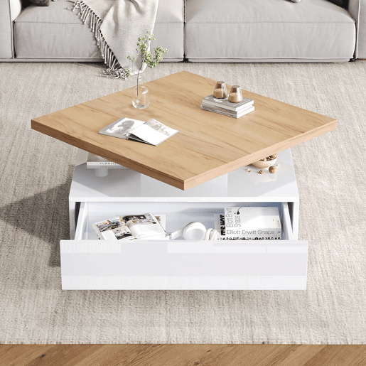 Mesa de centro quadrada de painel de partículas com 1 gaveta,branco+natural