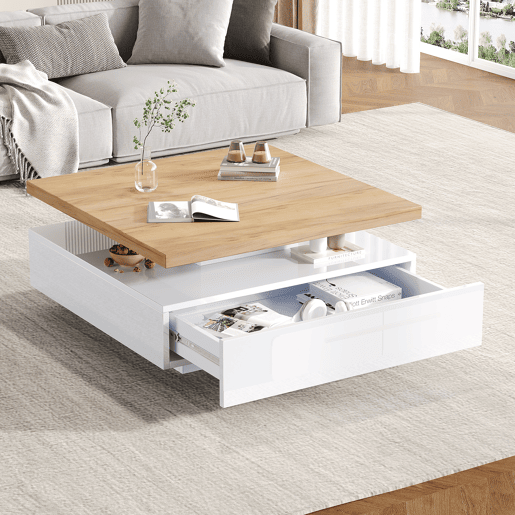 Mesa de centro quadrada de painel de partículas com 1 gaveta,branco+natural