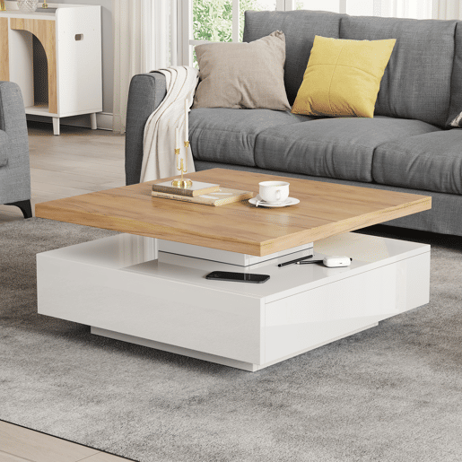 Mesa de centro quadrada de painel de partículas com 1 gaveta,branco+natural