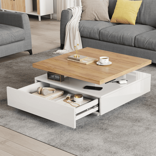 Mesa de centro quadrada de painel de partículas com 1 gaveta,branco+natural