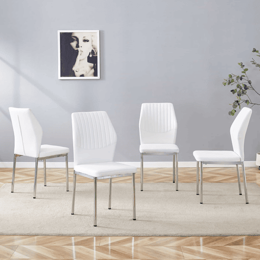 Conjunto de 4 cadeiras de jantar - Estilo leve-luxuoso, encosto em PU branco com padrão vertical + pernas metálicas prateadas - Branco + Prateado