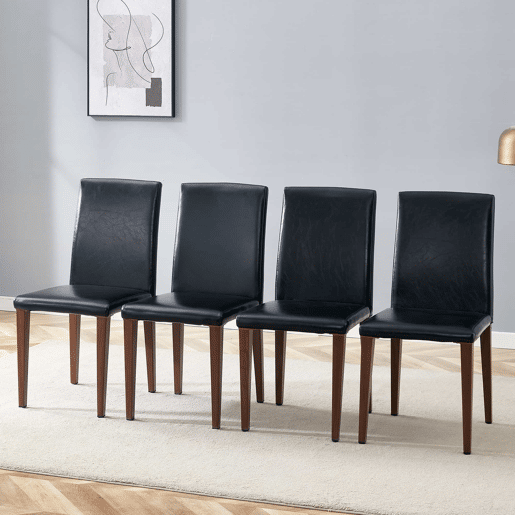 Conjunto de 4 cadeiras de jantar - design minimalista, assento em PU preto e pernas metálicas com efeito nogueira - Nogueira+Preto