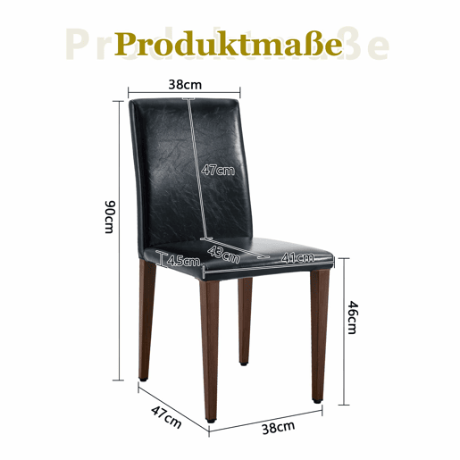 Conjunto de 4 cadeiras de jantar - design minimalista, assento em PU preto e pernas metálicas com efeito nogueira - Nogueira+Preto