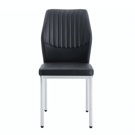 Conjunto de 4 cadeiras para sala de jantar - Encosto em PU preto com gravura vertical + pernas metálicas prateadas - Cor preta e prateada