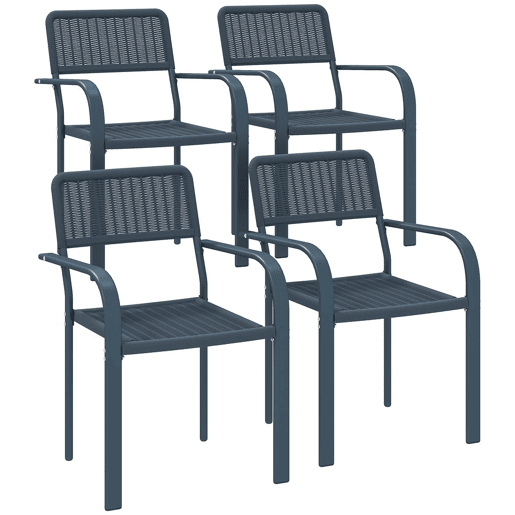 Outsunny Conjunto de 4 Cadeiras de Jardim Empilháveis Cadeiras de Jantar para Exterior Efeito Vime com Apoios de Braços Estrutura de Aço Resistente às Intempéries e Leve 55x60x83 cm Cinzento Escuro