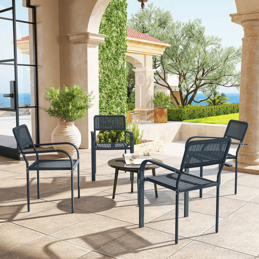 Outsunny Conjunto de 4 Cadeiras de Jardim Empilháveis Cadeiras de Jantar para Exterior Efeito Vime com Apoios de Braços Estrutura de Aço Resistente às Intempéries e Leve 55x60x83 cm Cinzento Escuro