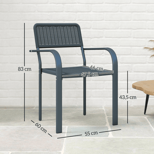 Outsunny Conjunto de 4 Cadeiras de Jardim Empilháveis Cadeiras de Jantar para Exterior Efeito Vime com Apoios de Braços Estrutura de Aço Resistente às Intempéries e Leve 55x60x83 cm Cinzento Escuro