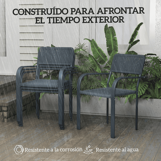 Outsunny Conjunto de 4 Cadeiras de Jardim Empilháveis Cadeiras de Jantar para Exterior Efeito Vime com Apoios de Braços Estrutura de Aço Resistente às Intempéries e Leve 55x60x83 cm Cinzento Escuro