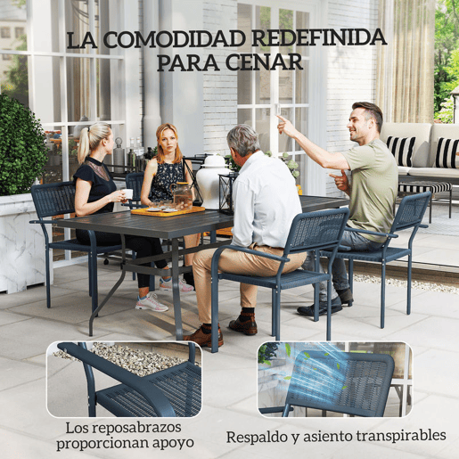 Outsunny Conjunto de 4 Cadeiras de Jardim Empilháveis Cadeiras de Jantar para Exterior Efeito Vime com Apoios de Braços Estrutura de Aço Resistente às Intempéries e Leve 55x60x83 cm Cinzento Escuro