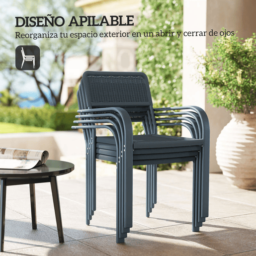 Outsunny Conjunto de 4 Cadeiras de Jardim Empilháveis Cadeiras de Jantar para Exterior Efeito Vime com Apoios de Braços Estrutura de Aço Resistente às Intempéries e Leve 55x60x83 cm Cinzento Escuro