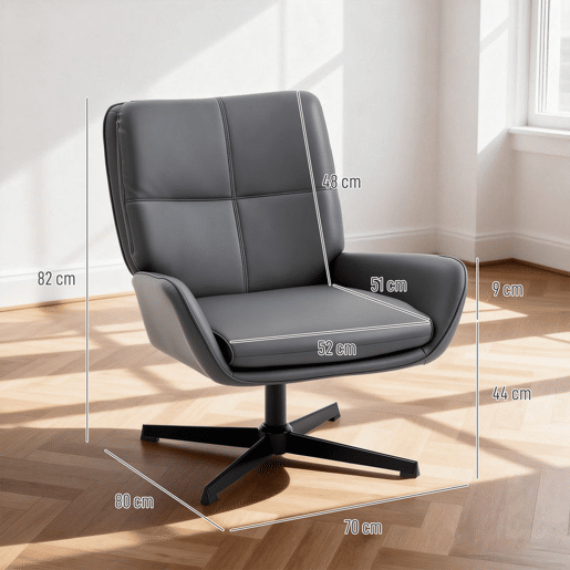 HOMCOM Poltrona Giratória - Cadeira de Sala Estofada em PU, Poltrona de Leitura com Assento Acolchoado, Apoios de Braços e Base Metálica, para Sala de Estar ou Quarto, Cinzento