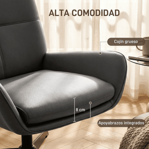 HOMCOM Poltrona Giratória - Cadeira de Sala Estofada em PU, Poltrona de Leitura com Assento Acolchoado, Apoios de Braços e Base Metálica, para Sala de Estar ou Quarto, Cinzento