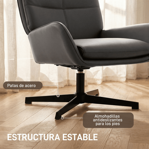 HOMCOM Poltrona Giratória - Cadeira de Sala Estofada em PU, Poltrona de Leitura com Assento Acolchoado, Apoios de Braços e Base Metálica, para Sala de Estar ou Quarto, Cinzento