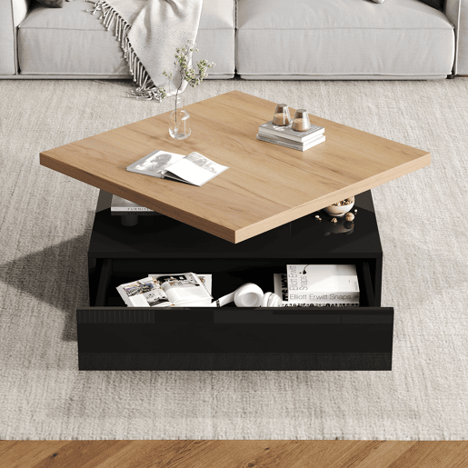 Mesa de centro quadrada de painel de partículas com 1 gaveta,preto+natural