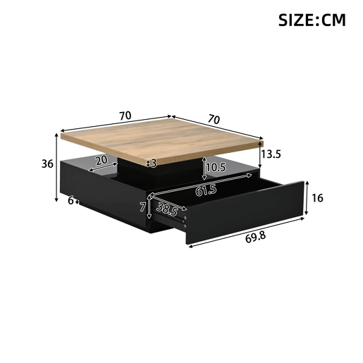 Mesa de centro quadrada de painel de partículas com 1 gaveta,preto+natural