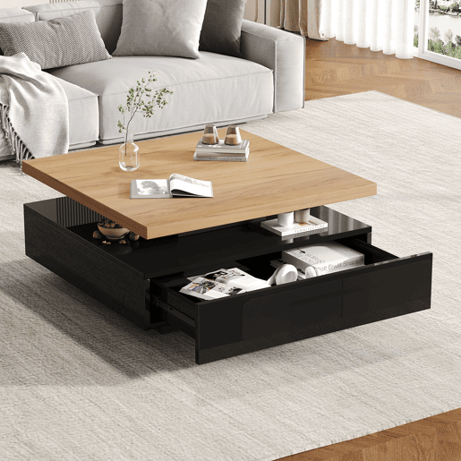 Mesa de centro quadrada de painel de partículas com 1 gaveta,preto+natural