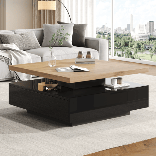 Mesa de centro quadrada de painel de partículas com 1 gaveta,preto+natural