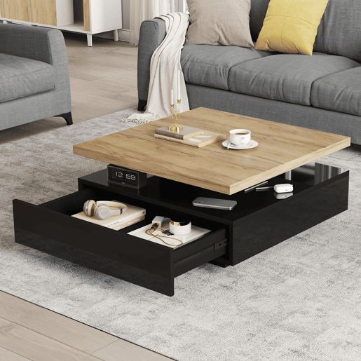 Mesa de centro quadrada de painel de partículas com 1 gaveta,preto+natural
