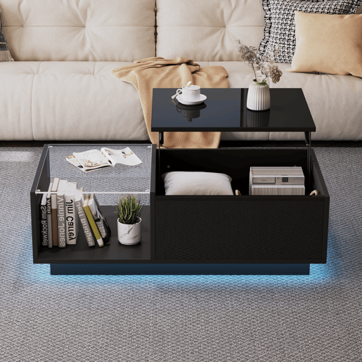 Mesa de centro elevável retangular de painel de partículas com luz led,preto Mesa de centro elevável retangular de painel de partículas com luz led,preto