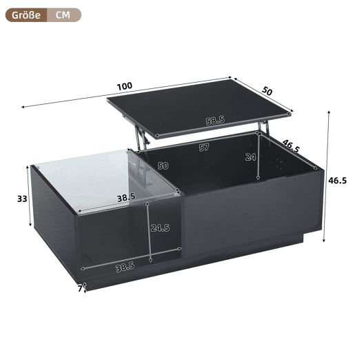 Mesa de centro elevável retangular de painel de partículas com luz led,preto Mesa de centro elevável retangular de painel de partículas com luz led,preto