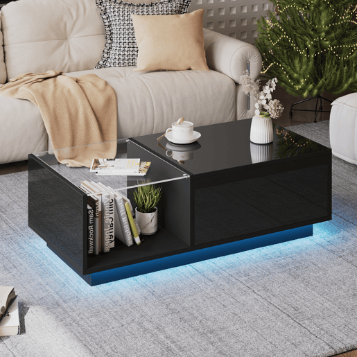 Mesa de centro elevável retangular de painel de partículas com luz led,preto Mesa de centro elevável retangular de painel de partículas com luz led,preto