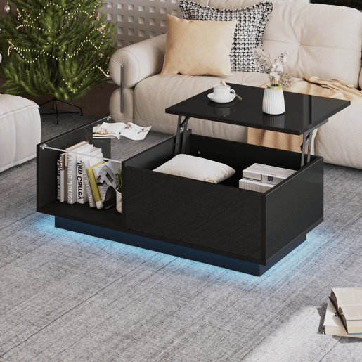 Mesa de centro elevável retangular de painel de partículas com luz led,preto Mesa de centro elevável retangular de painel de partículas com luz led,preto