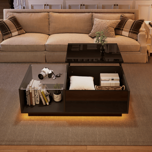 Mesa de centro elevável retangular de painel de partículas com luz led,preto Mesa de centro elevável retangular de painel de partículas com luz led,preto