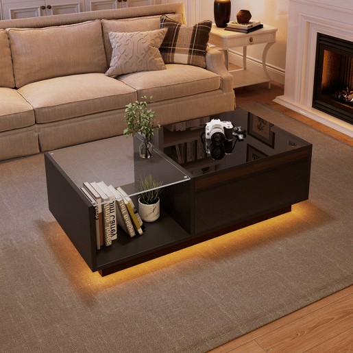 Mesa de centro elevável retangular de painel de partículas com luz led,preto Mesa de centro elevável retangular de painel de partículas com luz led,preto
