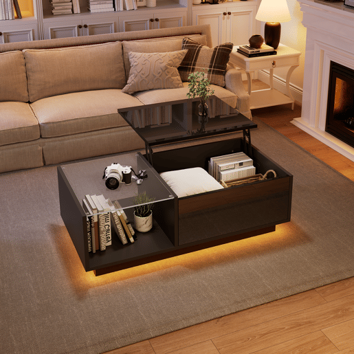 Mesa de centro elevável retangular de painel de partículas com luz led,preto Mesa de centro elevável retangular de painel de partículas com luz led,preto
