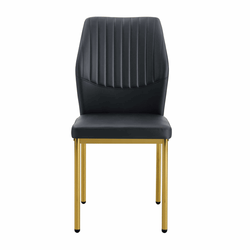 Conjunto de 4 cadeiras de jantar - Estilo leve e luxuoso, encosto em PU preto com gravação vertical + pernas metálicas douradas - Preto+Dourado