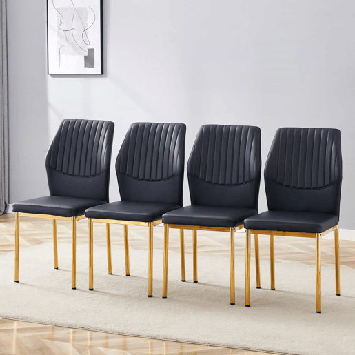 Conjunto de 4 cadeiras de jantar - Estilo leve e luxuoso, encosto em PU preto com gravação vertical + pernas metálicas douradas - Preto+Dourado