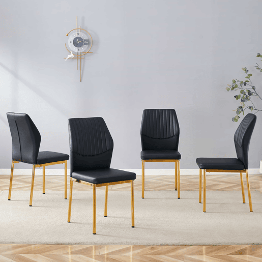 Conjunto de 4 cadeiras de jantar - Estilo leve e luxuoso, encosto em PU preto com gravação vertical + pernas metálicas douradas - Preto+Dourado