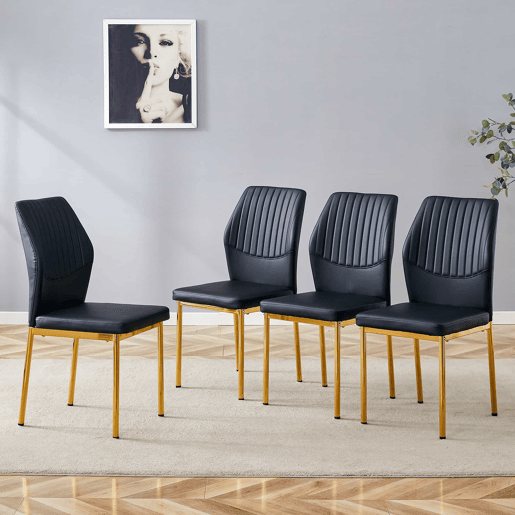 Conjunto de 4 cadeiras de jantar - Estilo leve e luxuoso, encosto em PU preto com gravação vertical + pernas metálicas douradas - Preto+Dourado