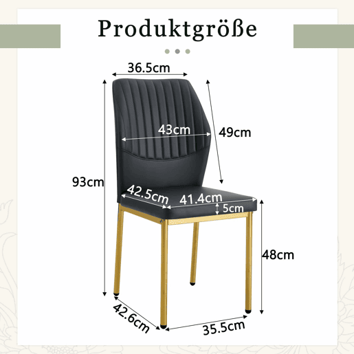 Conjunto de 4 cadeiras de jantar - Estilo leve e luxuoso, encosto em PU preto com gravação vertical + pernas metálicas douradas - Preto+Dourado